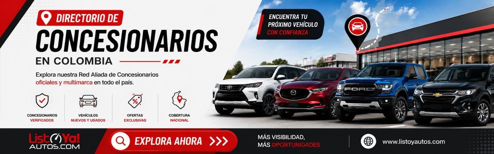Directorio de concesionarios de vehículos nuevos y usados en Colombia. Encuentra concesionarios verificados con amplia variedad de vehículos en ListoYaAutos.com.