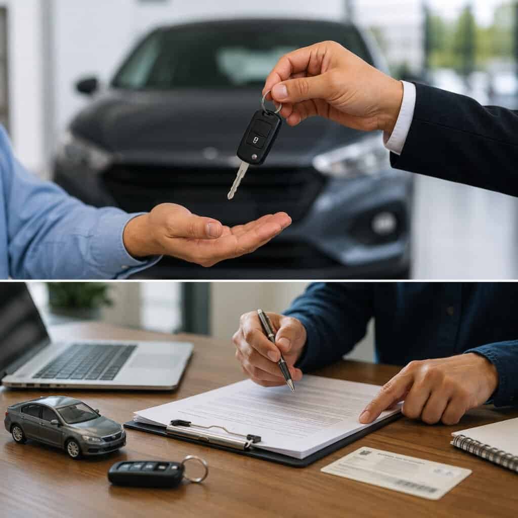 Entrega de llaves y firma de documentos durante el proceso de compra y traspaso de un carro usado en Colombia.