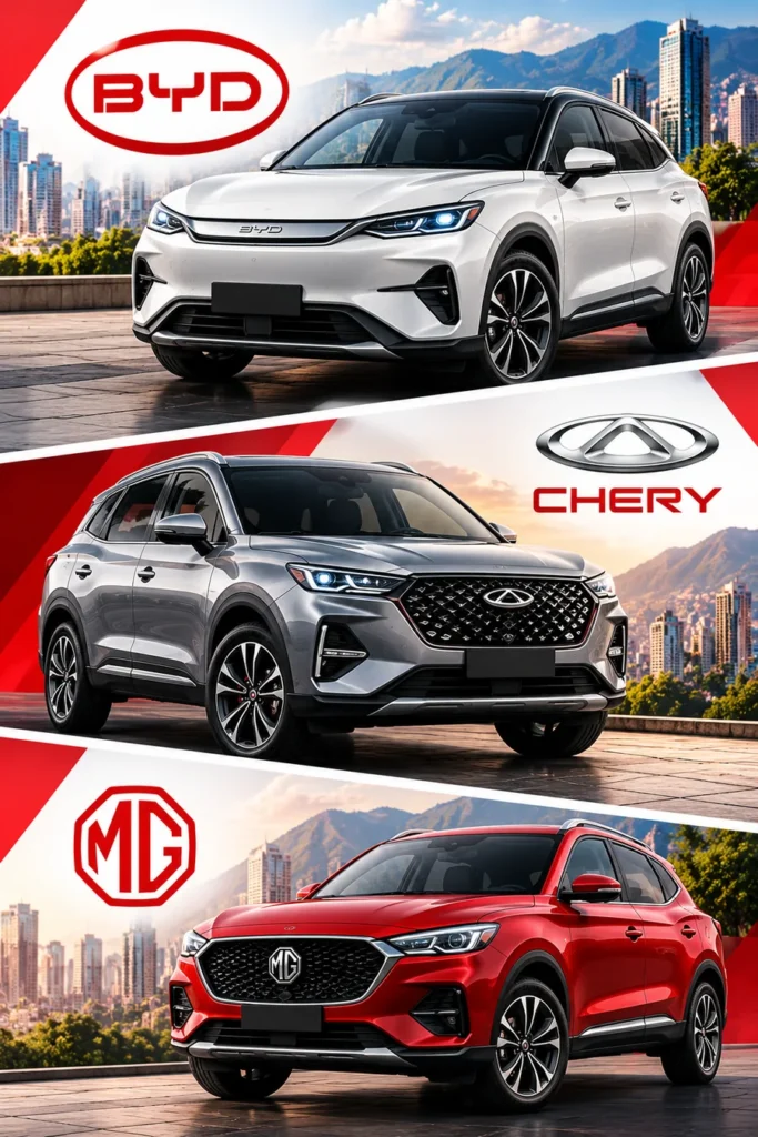 Collage de vehículos de las marcas BYD, Chery y MG en Colombia.